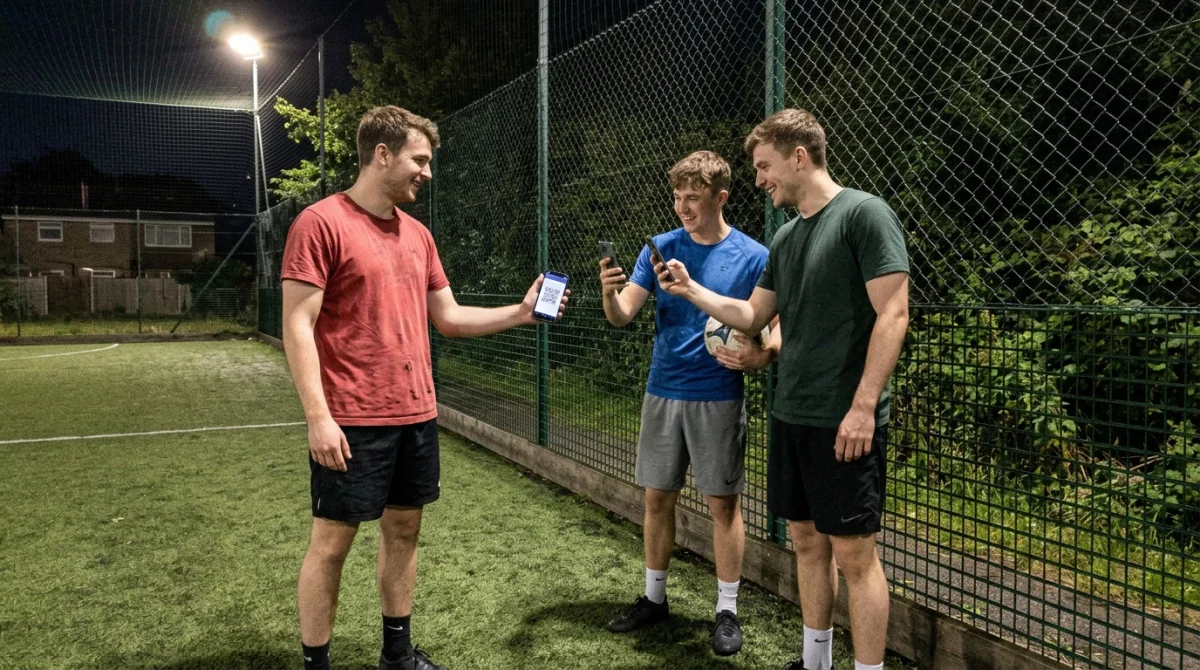 A player showing a QR code on his phone while two teammates scan it