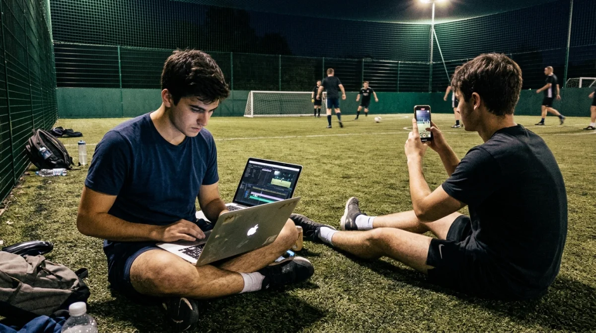 Two friends, one filming on a phone and one editing on a laptop