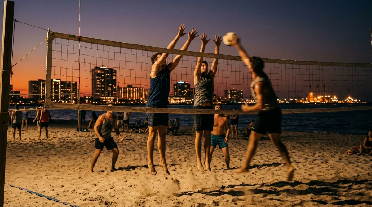 Beach volleyball at dusk
